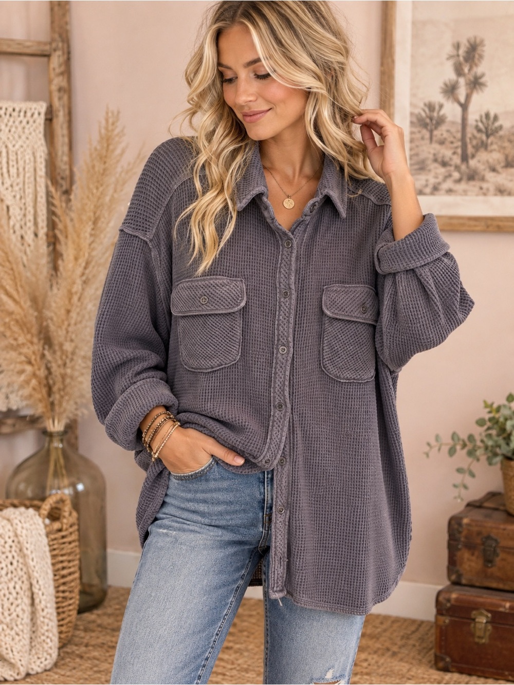 aerie Charcoal Waffle Knit Button-Down Shirt